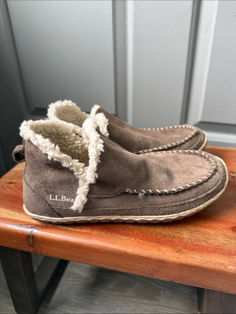 L.L. Bean Brown Suede Moccasin Slippers with Cream Sherpa Lining